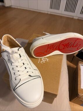 Christian Louboutin White Leather Low-Top Sneakers with Red Sole Accent